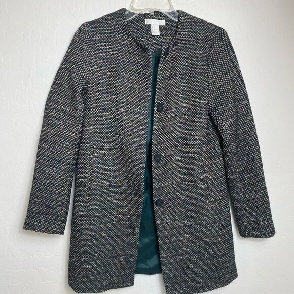 H & M size 2 lightweight collarless tweed midi coat black with multi col… - Picture 1 of 6